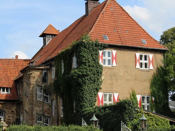 Schloss Petershagen Ein malerisches Herrenhaus mit rotem Ziegeldach und Efeu bewachsenem Sandstein in ländlicher Umgebung.