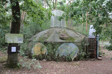 Eine runde Skulptur aus Holz und Draht im Wald von Nartum, Niedersachsen, von Pflanzen umgeben.