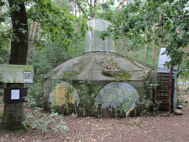 Skulptur Haus der Sonne Eine runde Skulptur aus Holz und Draht im Wald von Nartum, Niedersachsen, von Pflanzen umgeben.