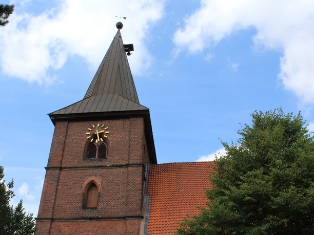 Backsteinkirche mit markantem Kirchturm und Uhr in grüner Umgebung unter blauem Himmel.