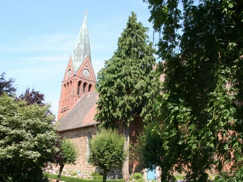Historische Backsteinkirche St. Cosmae und Damiani, umgeben von grünen Bäumen und blauem Himmel.