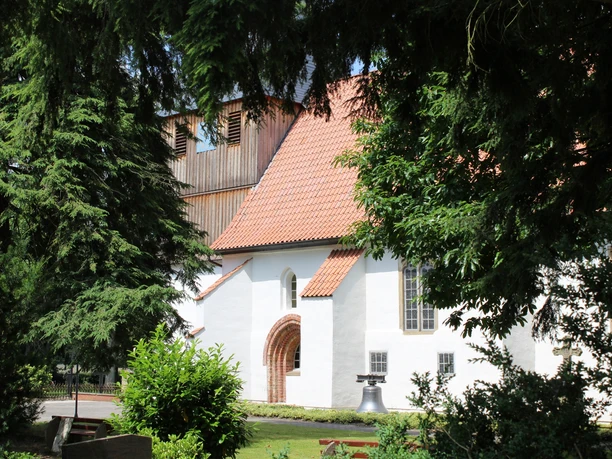 Weiße Kirche in Rießen, umgeben von grünen Bäumen, mit rotem Ziegeldach und Glockenturm.
