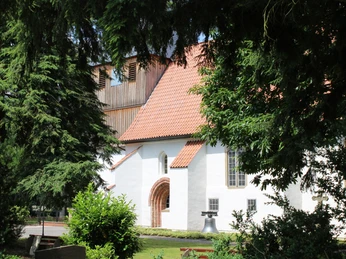 Kirche Steyerberg-Rießen Weiße Kirche in Rießen, umgeben von grünen Bäumen, mit rotem Ziegeldach und Glockenturm.