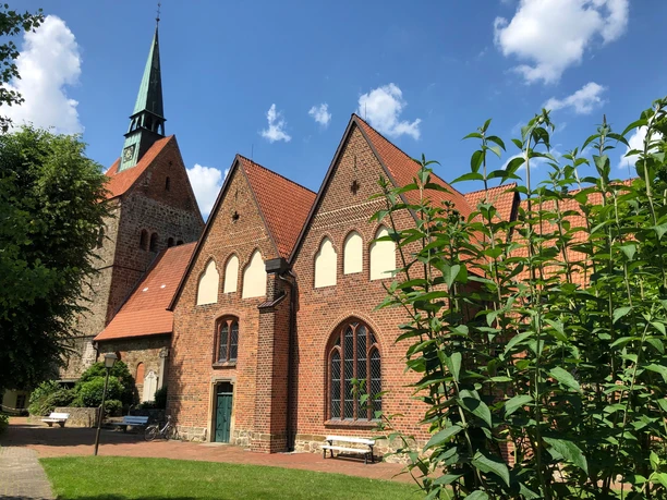 Backsteinkirche St. Cyriakus in Holzminden bei sonnigem Wetter mit Pflanzen im Vordergrund.