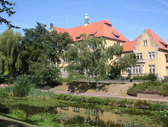 Stadtgraben Historische Gebäude mit roten Dächern am Stadtgraben, umgeben von Bäumen und Seerosen im Wasser.