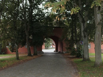 Waldsiedlung Liebenau Ein gemauerter Torbogen führt durch eine mit Kieseln gepflasterte Straße, die von Bäumen gesäumt ist.