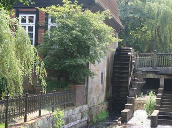 Wassermühle mit drehendem Wasserrad; im Hintergrund umgeben von Bäumen und Fachwerkarchitektur.