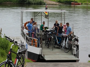 Passagiere mit Fahrrädern stehen auf einer Weserfähre vor einer grünen Flusslandschaft.