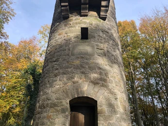 Wilhelmsturm aus Stein mit schmalem Fenster und hölzerner Eingangstür, umgeben von Herbstlaub.