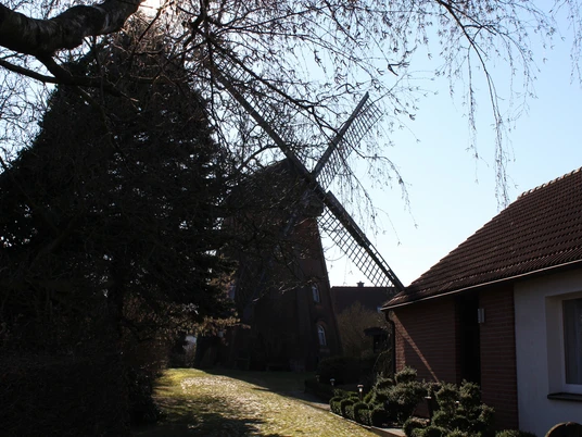 Backsteinerne Windmühle mit Flügeln, umgeben von Bäumen und einem benachbarten Wohnhaus.
