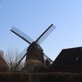 Windmühle im Nienburger Leintor Windmühle mit markanten Flügeln und Backsteinbauten im Vordergrund unter blauem Himmel in Nienburg.
