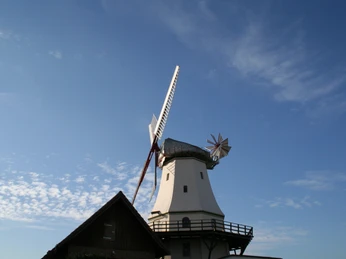 Jan Wind Eine historische Windmühle unter blauem Himmel mit weißen Wolken und einem Holzgebäude im Vordergrund.