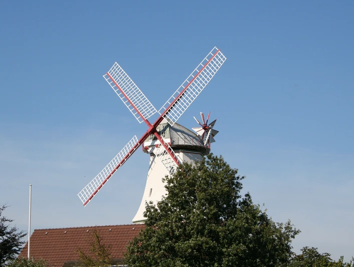 Windmühle mit roten Flügeln und weißen Holzplanken hinter Bäumen vor blauem Himmel in Langwedel-Etelsen.