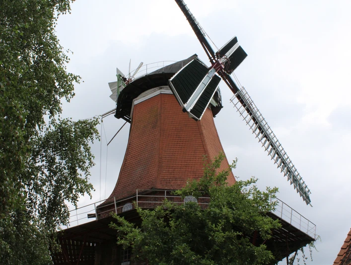 Backstein-Windmühle mit weiß-grünen Flügeln, umgeben von grünen Bäumen, unter bewölktem Himmel.