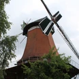 Windmühle Westen Backstein-Windmühle mit weiß-grünen Flügeln, umgeben von grünen Bäumen, unter bewölktem Himmel.