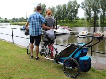 Zwei Personen mit Fahrrädern stehen am Gewässer, während im Hintergrund Boote im Yachthafen liegen.