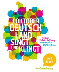 Textgrafik mit bunten Sprechblasen und Slogan: "3. Oktober - Deutschland singt und klingt".