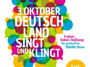 3. Oktober - Deutschland singt und klingt Textgrafik mit bunten Sprechblasen und Slogan: "3. Oktober - Deutschland singt und klingt".