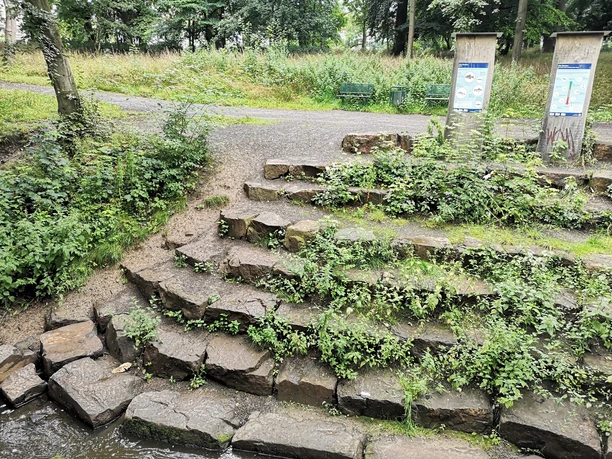 Infotafeln an der Bastau Infotafeln informieren Besucher an einem von Pflanzen gesäumten Wegabschnitt mit Naturstein-Stufen.