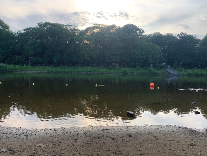 Weserstrand Minden Badezone Sandiger Uferbereich mit flachem Wasserzugang, abgeschirmt durch Bojen, gegenüberliegend dichte Bäume.