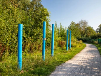 kunst-an-der-auewiese Fünf leuchtend blaue Stahlstelen stehen neben einem geschwungenen, von Bäumen gesäumten Kiesweg.