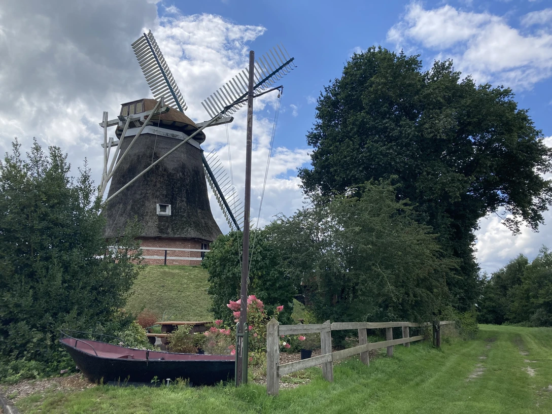 Mühle Burlage, Gemeinde Rhauderfehn, Außenansicht, Ostfriesland Traditionelle Windmühle mit großen Flügeln auf einem Hügel, umgeben von Bäumen, einem Zaun und einem kleinen Boot auf einer Wiese