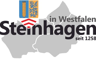 Logo Gemeinde Steinhagen Wappen von Steinhagen in Westfalen mit Getreide- und Eichenblattmotiven, darunter der Schriftzug.