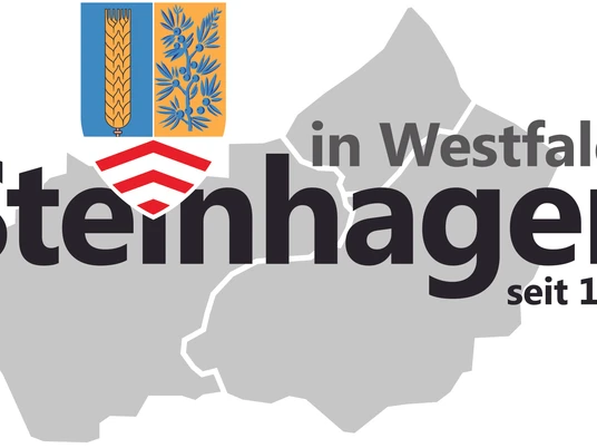 Logo Gemeinde Steinhagen Wappen von Steinhagen in Westfalen mit Getreide- und Eichenblattmotiven, darunter der Schriftzug.