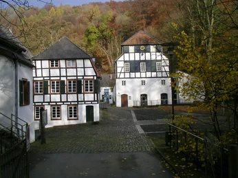 Alte Dombach im Herbst Fachwerkhäuser in idyllischer Landschaft, umgeben von herbstlich gefärbtem Wald und Kopfsteinpflaster.