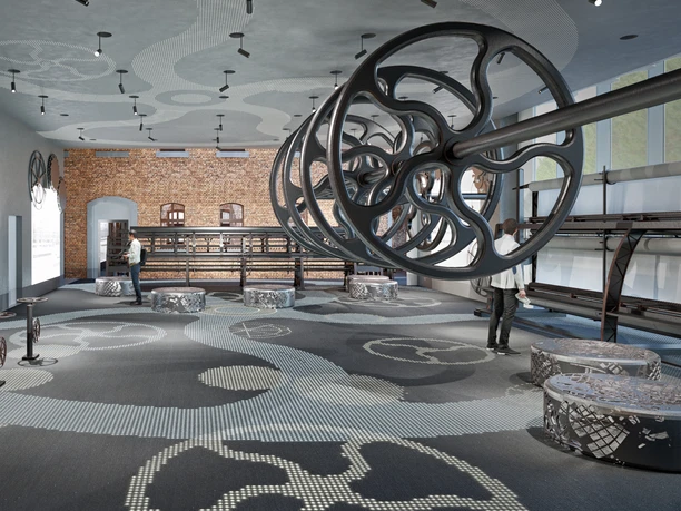 181026_.jpg Ein moderner Raum mit großen, skulpturalen Metallstrukturen und dekorativen Böden.