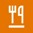 Weißes Symbol mit Gabel und Messer auf orangefarbenem Hintergrund, Zeichen für Gastronomie.