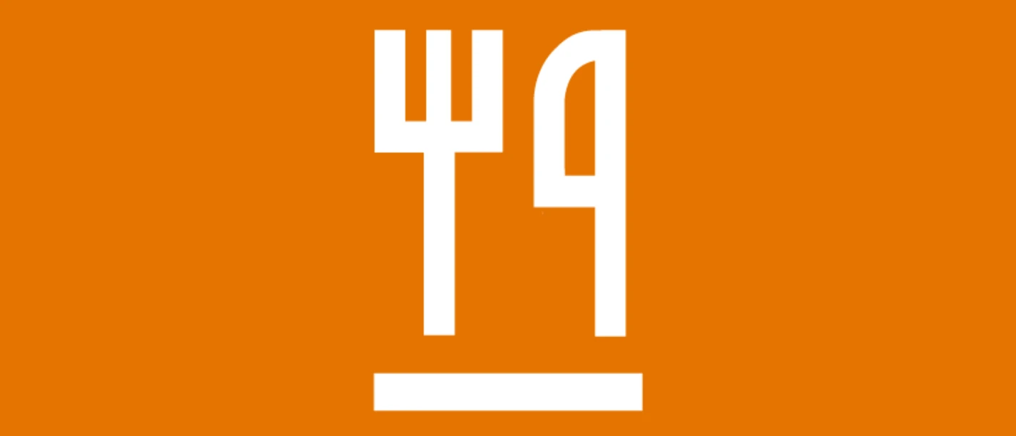 White symbol with fork and knife on orange background, sign for gastronomy.
