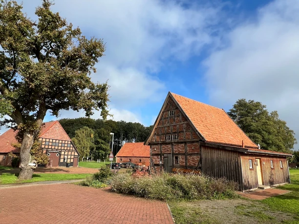 Historische Fachwerkscheune mit rotem Dach in ländlicher Umgebung, von Bäumen umgeben, bei Sonnenschein.