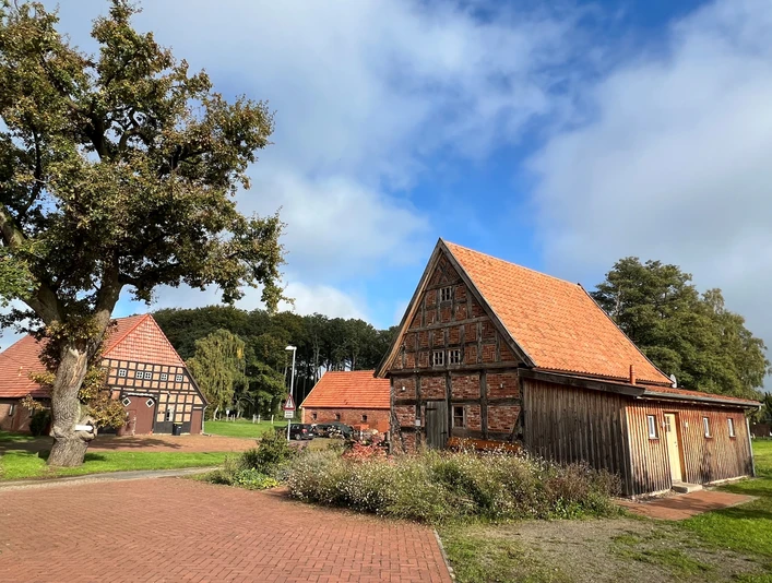 Historische Fachwerkscheune mit rotem Dach in ländlicher Umgebung, von Bäumen umgeben, bei Sonnenschein.