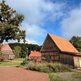 Noltesche Scheune Historische Fachwerkscheune mit rotem Dach in ländlicher Umgebung, von Bäumen umgeben, bei Sonnenschein.