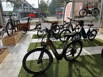 Schlesner Bikes Ein Fahrradgeschäft mit einer Auswahl von E-Bikes im Innenraum, beleuchtet durch Sonnenlicht.