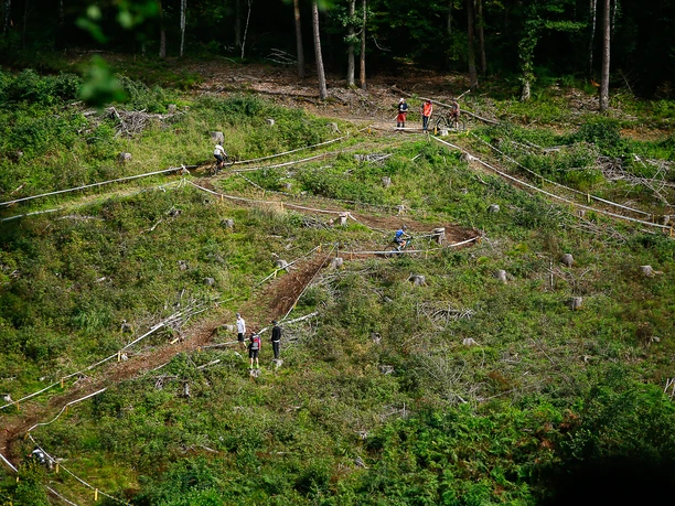 MTB-Rundkurs Ein Hügel mit einem gewundenen Mountainbike-Trail durch einen dichten Wald, Fahrer scheinen konzentriert.
