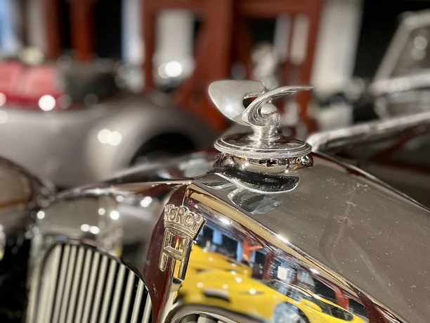 Schatzkammer, PS.SPEICHER Chromglänzender Kühlergrill eines Oldtimers der Marke Horch mit Kühlerfigur und Spiegelung.