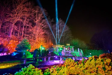 Several people stand at night in a colorfully illuminated park with trees and spotlights shining into the sky.