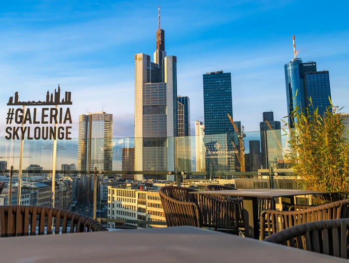 Stühle und Tische auf der Terrasse mit Blick auf die SkylineChairs and tables on the terrace overlooking the skyline