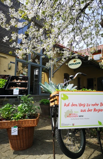 Willebadessen Hofladen Engemann Vor einem Holzgebäude voller Pflanzenkorb steht ein Fahrrad mit einem Schild über regionale Bio-Produkte.