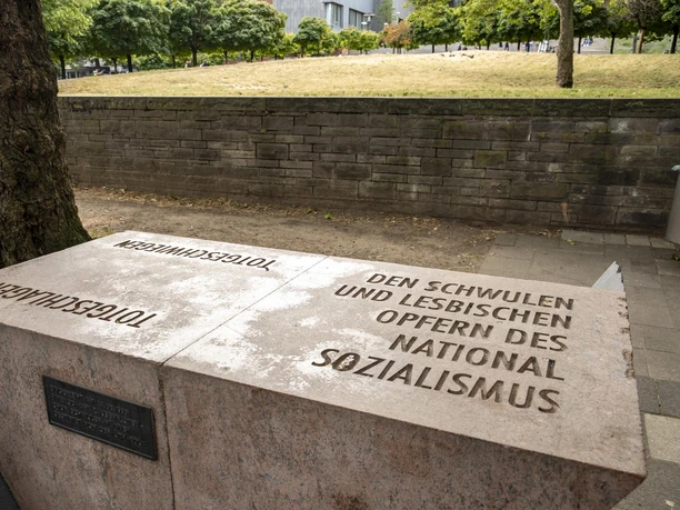 Rosa Winkel Memorial Stone memorial in Cologne with inscription for gay and lesbian victims of National Socialism in front of tree.