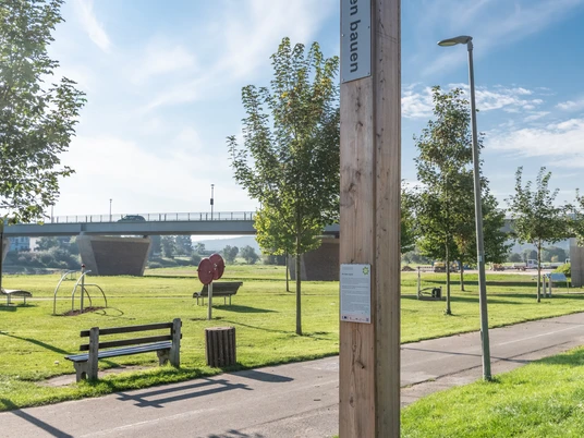 Bibel-Pfahl in Beverungen Holzpfahl mit "Brücken bauen"-Schild, umgeben von Bäumen und einem Park im Hintergrund.