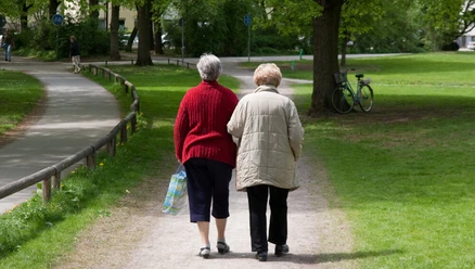 Aeltere Damen beim Spaziergang_c_AdobeStock_13657830_FelixSchollmeyer_ .jpeg Zwei ältere Damen spazieren Arm in Arm auf einem schattigen Parkweg, umgeben von grünen Bäumen.