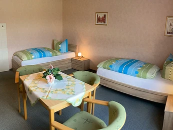 Zwei Einzelbetten und ein Tisch mit Blumendekor in einem hellen, einfach möblierten Gästezimmer.