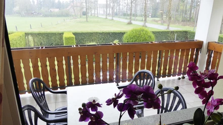 FeWo Schniedermann_Balkon_CC-BY-SA_Teutoburger_Wald_Stadt_Schloss_Holte-Stukenbrock.jpg Blick von einem Balkon mit Holzgitter auf eine grüne Wiese, mit Orchideen im Vordergrund.