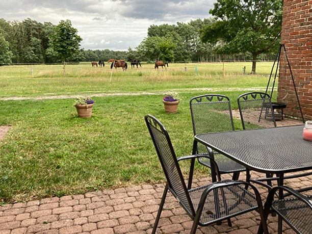 FeWo_Stallmanns Hof_Terrasse_CC-BY-SA_Teutoburger_Wald_Stadt_Schloss_Holte-Stukenbrock.jpg Terrasse mit Metallstühlen und Tisch, Ausblick auf eine Wiese, Pferde grasen im Hintergrund.