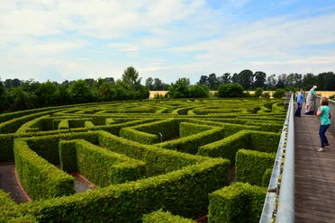Groot, groen heggendoolhof met wandelaars op een verhoogd houten platform.