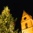Weihnachtsmarkt Steinhagen Kirche Beleuchteter Weihnachtsbaum neben einer beleuchteten Kirchturmspitze in festlicher Nachtatmosphäre.