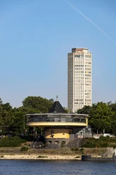 Bastion The Bastei in Cologne, a round building on the Rhine, with the LVR tower in the background.